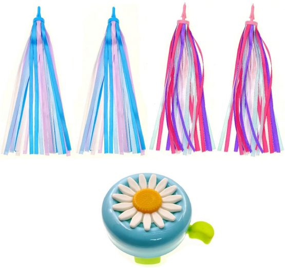 JZK 2 Pairs kids bike handlebar tassels streamers and girls micro scooter bell blue, scooter handle bar ribbons, girls bike accessories additions