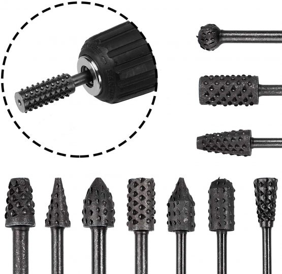 Bestgle 10pcs 3mm 1/8” Shank Rotary Burr Rasp Set Carbon Steel Wood Carving File Rasp Drill Bits for Woodworking Drilling Carving Engraving - Image 3