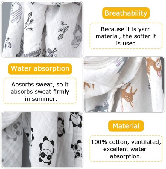 4 Pack Baby Muslin Washcloths, ALBOYI 120cmx110cm Cotton Muslin Baby Wiping Bathing Towels with Printed Design, Highly Absorbent, Washable & Reusable - Image 4