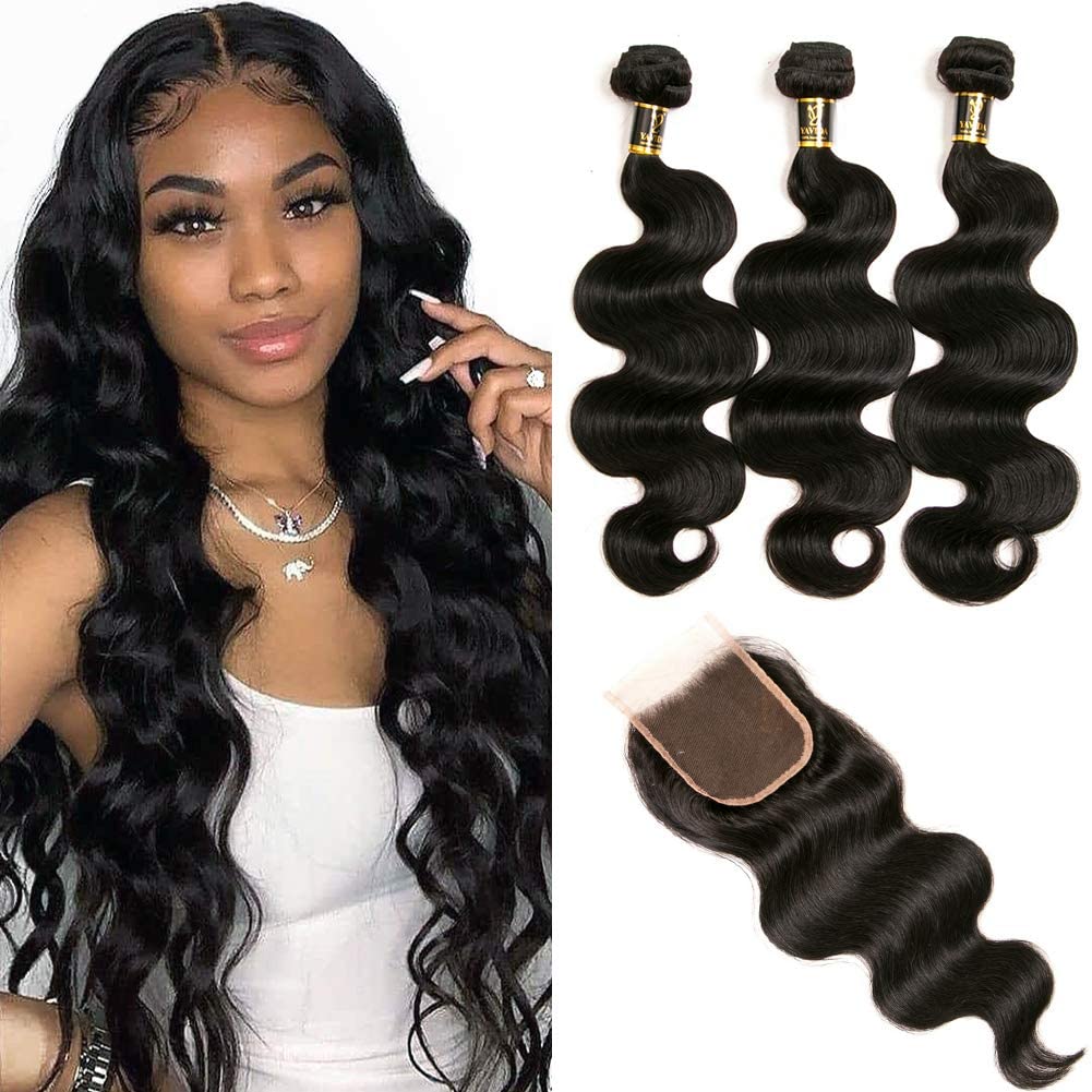 Yavida Body Wave Human Hair Bundles with Closure 100% Unprocessed Brazilian Virgin Human Hair Bundles with 4x4 Lace Closure Body Wave Bundles Human Hair Natural Black Color 16 18 20+14 Inch