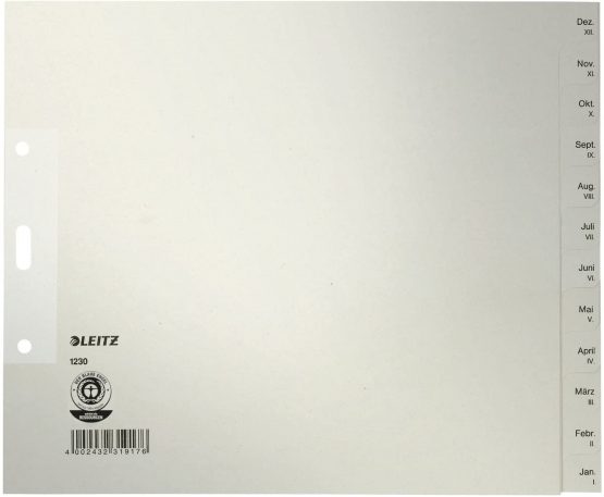 Leitz 12303085 Index Sheets A4 with Months Backwards from December to January Paper 12 Sheets Pack of 5 Grey (In German)