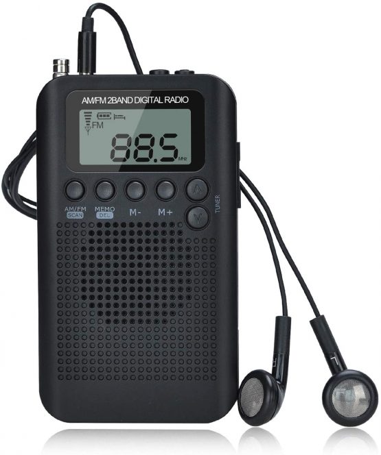 Songway AM/FM Pocket Digital Radio Alarm Clocks Sleep Timer Built-In Loudspeaker Portable Small Radio with Earphone for Outdoor, Running, Hiking, Travel (Black)