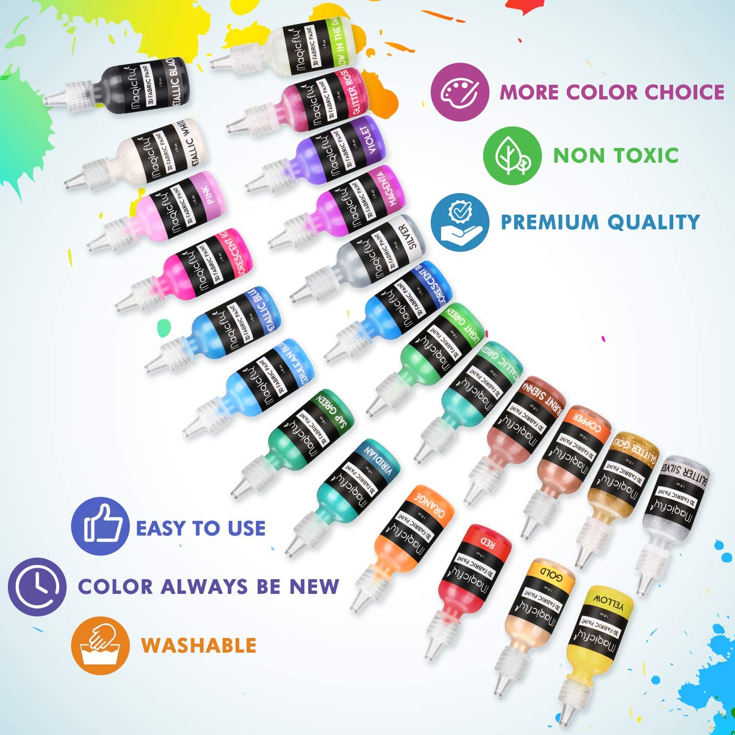 Magicfly 24 Colors 3D Fabric Paints Puffy Paints, Permanent Textile