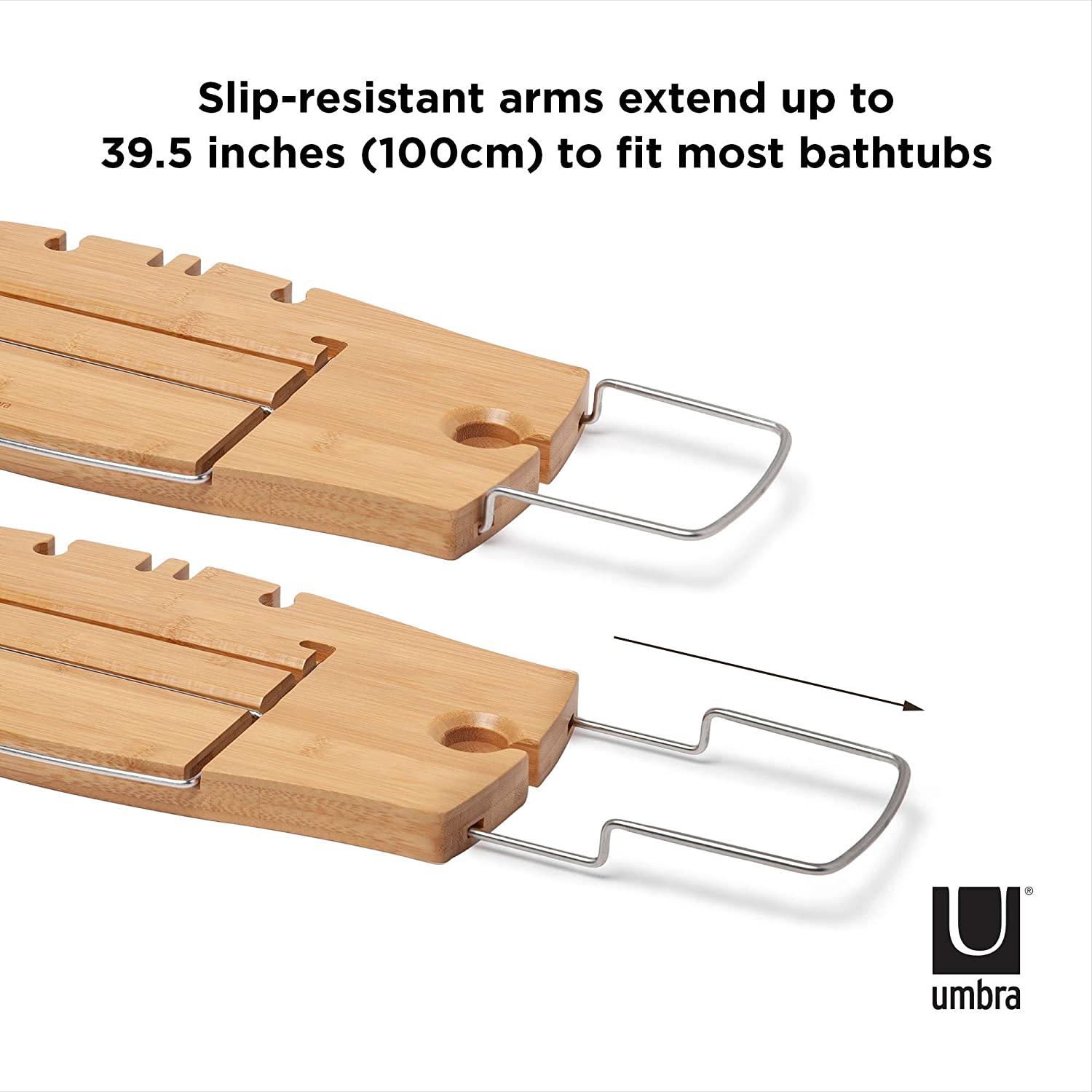 Umbra Aquala Bathtub Caddy Bamboo Extendable and Adjustable Tray Holder, Natural, 71.1 x 21.6 x 3.8 cm - Image 3