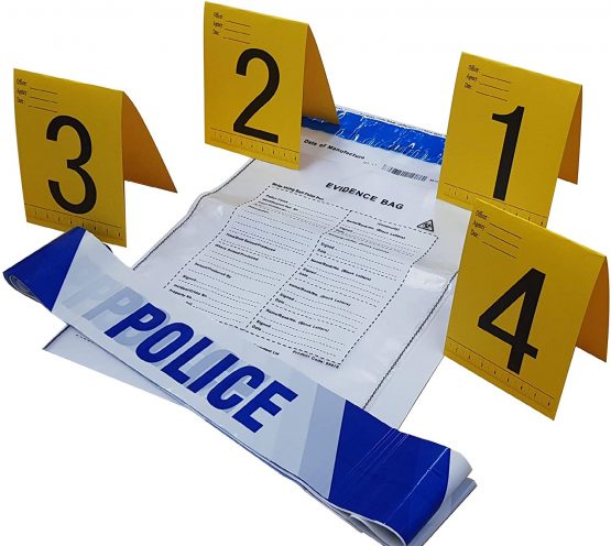 Kobe1 Police Crime Scene Kit:Police Barrier Tape(6m),Tamper Proof Evidence Collection Bags (x2),Photo Evidence Markers Frames Tentss:1 to 4 (10.5cm x 15cm).