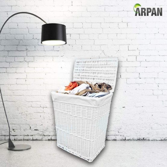 Arpan Medium White White Wicker Washing Cloth Basket With White Lining - Image 2