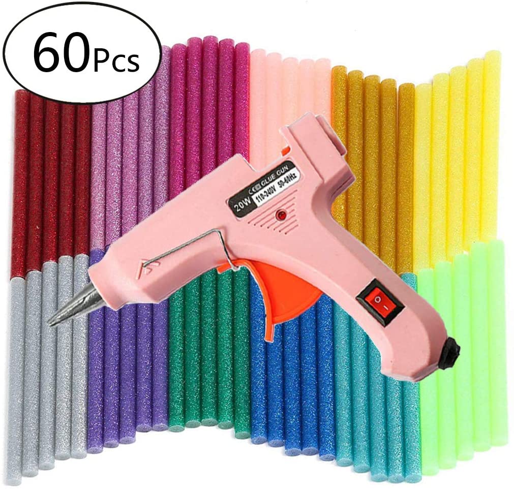 Hot Glue Gun, Heats Up Quickly 20W Mini Heating Hot Include 60 Pieces Glitter Hot Glue Colored Gun Sticks