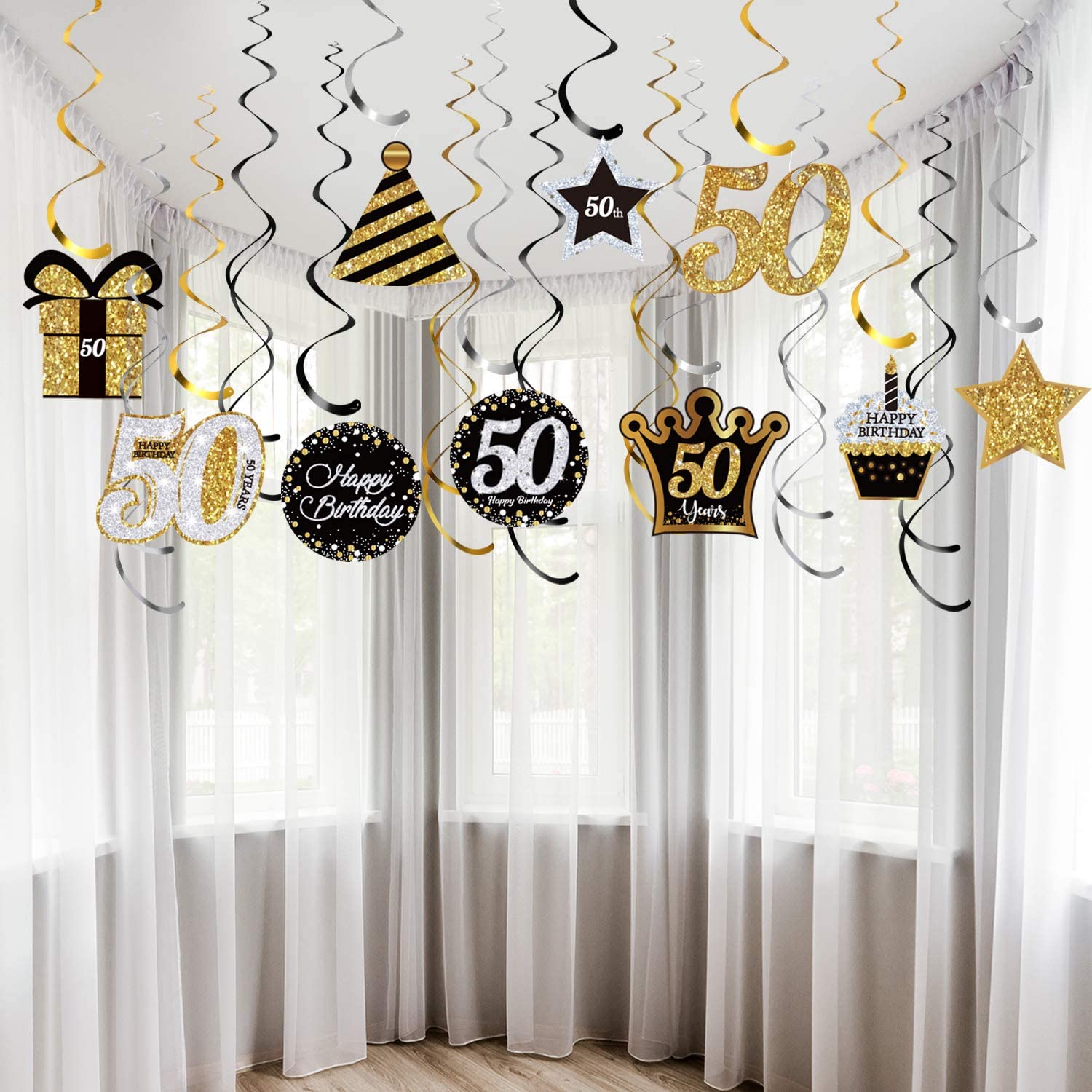 Blulu 50th Birthday Party Decorations for Men Women 50 Years Cheers Birthday Party Hanging Swirls Gold Glitter Happy Birthday Decorations Celebration Old Party Supplies Ceiling Decor