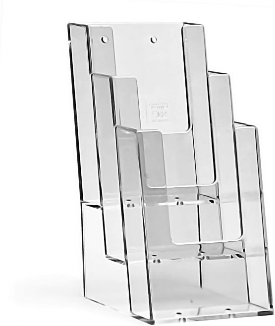 taymar 1/3 A4 table brochure stand, flyer stand, brochure holder, 3 compartments (inner dimensions: 10.4 cm), optional wall mounting.