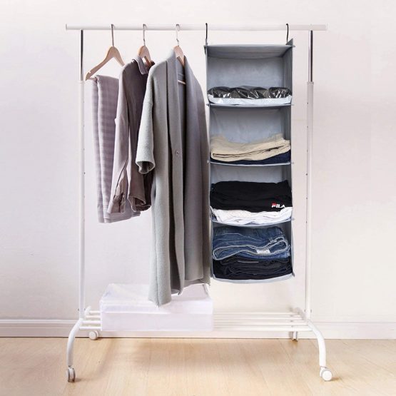 BrilliantJo Hanging Wardrobe Organizer for Clothes Sweaters 4-shelf Hanging Closet Storage Shelves Washable (31.5 * 12 * 12 inch, Blue-grey) - Image 4