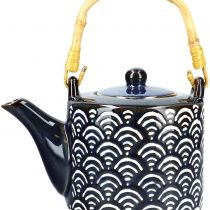 Mikasa Satori Japanese Teapot with Wave Pattern and Bamboo Handle, Porcelain, Indigo Blue/White, 500 ml