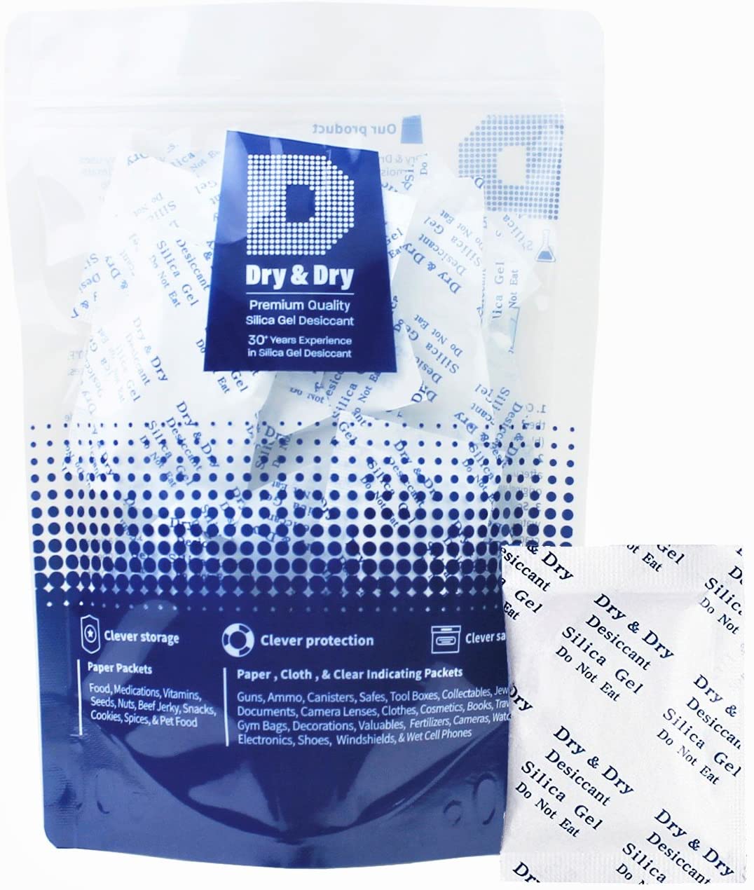 5 Gram Pack of 50 "Dry & Dry" Premium Pure & Safe Silica Gel Desiccant Packets - Rechargeable Paper(FDA Compliant)