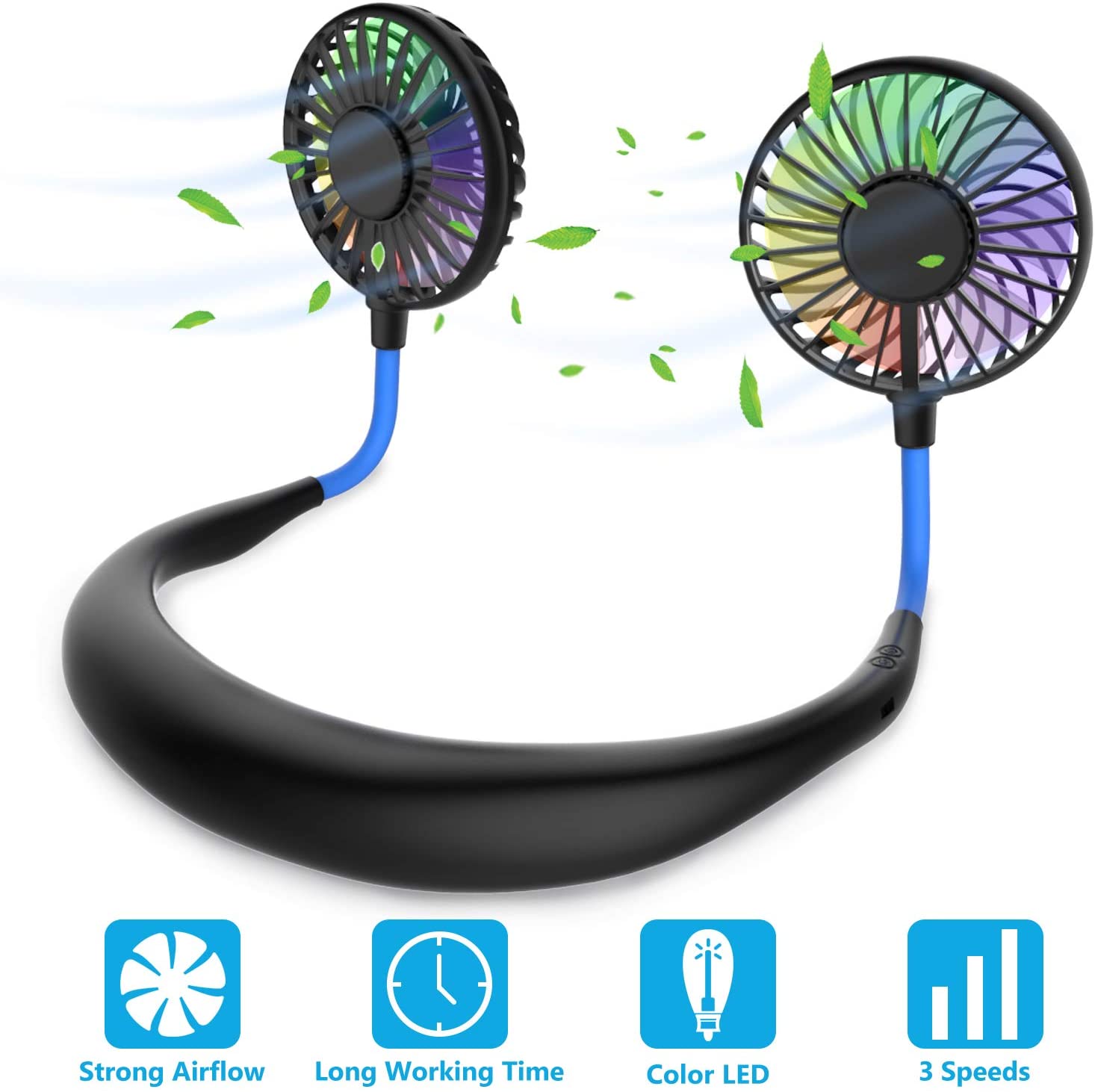 ITSHINY Neck Fan, Portable Fan, Mini USB Fan, Rechargeable Neck Fan, Dual Head Air Cooler 3 Speeds for Outdoor Camping Office Room