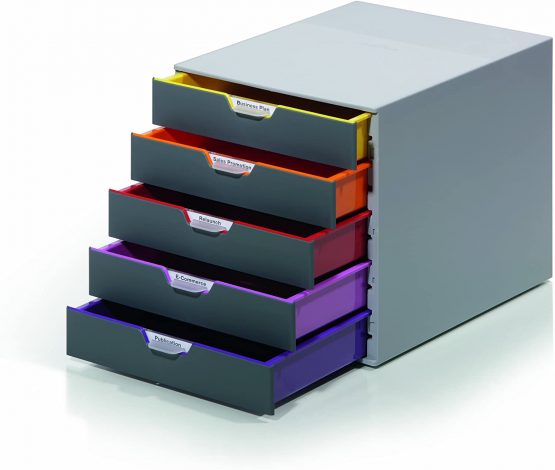 Durable VARICOLOR 5 Drawer Unit | Desktop Drawer Set with 5 Colour Coded Draws | Perfect for Storing Documents and Paper Work, Grey