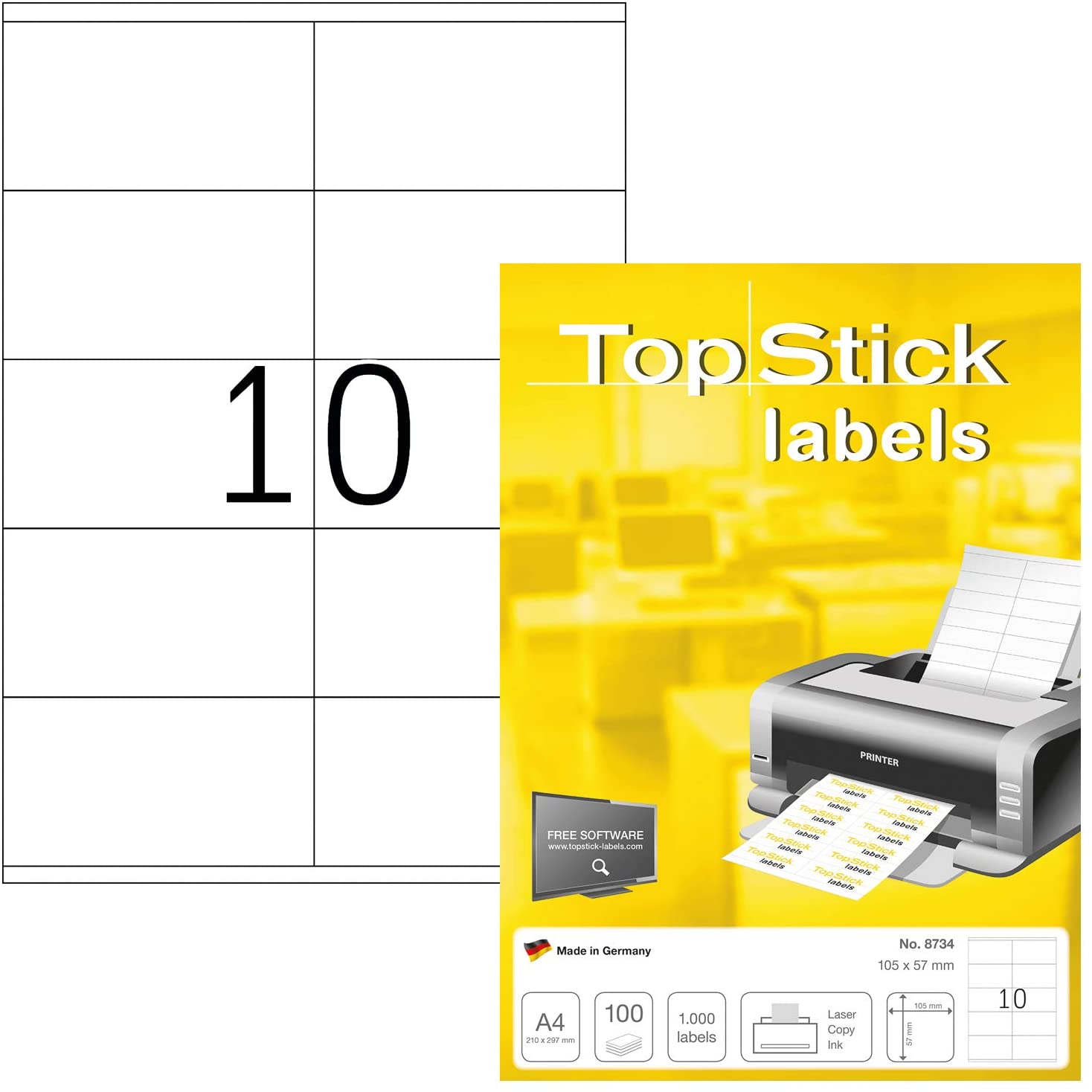 TopStick 8734 Multi-Purpose Labels, 10 Labels Per A4 Sheet, 105 x 57 mm, 1000 Labels, Self Adhesive