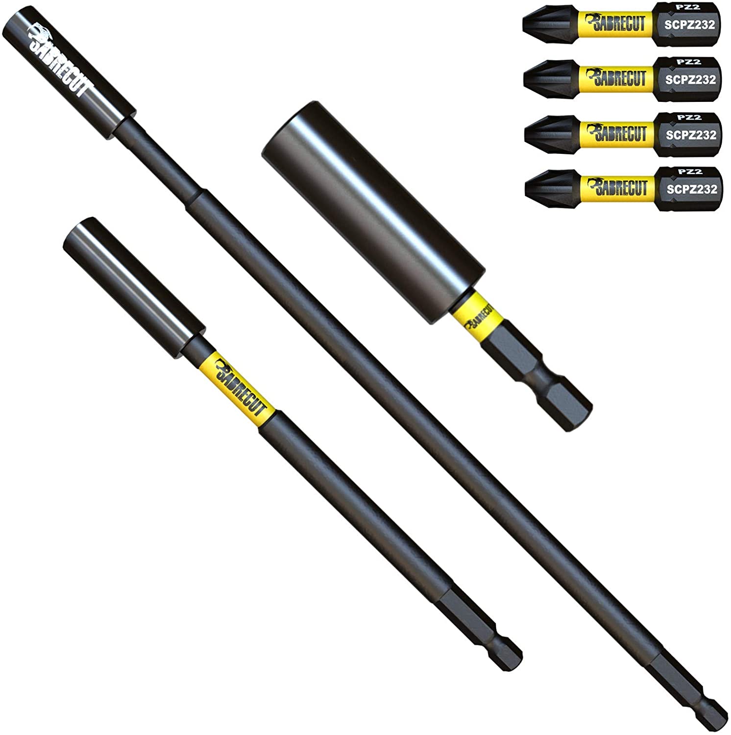 7 Piece SabreCut SCRK7 Magnetic 60mm 152mm and 305mm Professional Impact Bit Holders with 4 x 32mm PZ2 Screwdriver Impact Bits