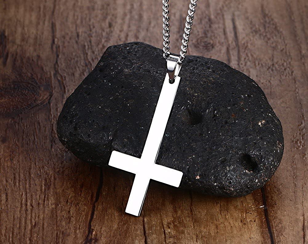 VNOX Men's Women's Stainless Steel Inverted Upside Down Cross Necklace Pendant with Cuban Chain Silver,60cm - Image 4