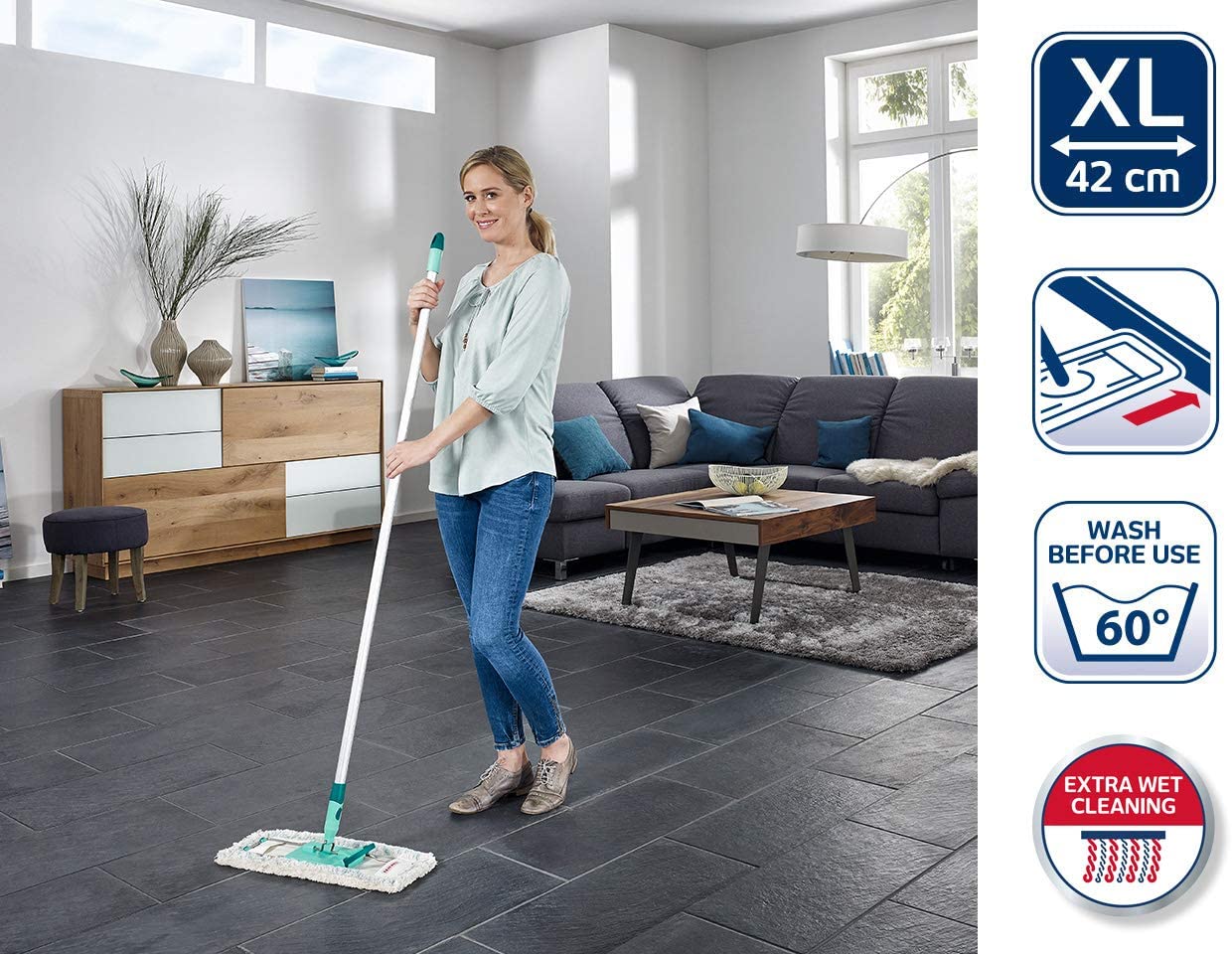 Leifheit 55045 Profi Floor Mop Large with Micro Duo for All Round Floor Cleaning S255045, Blue, Green - Image 2
