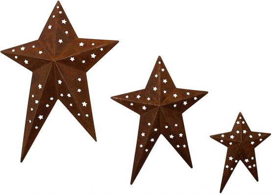 CVHOMEDECO. Primitives Rustic Vintage Gifts Rusty Punched Metal Barn Stars for Wall/Wreaths/Twigs Decor, 8/6/4 Inch, Set of 3