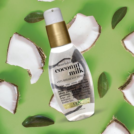 OGX 91008 Anti-Breakage Serum Nourishing Coconut Milk, Paraben and Sulfate Free, Sustainable Ingredients, Strengthening, Protective, Hydrating, 4 Ounce Pump Bottle - Image 4