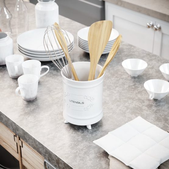French White Ceramic Utensil Holder - Vintage Style Kitchen Utensil Caddy - Antique Design Cooking Utensil Organizer - Rustic French Country Utensil Crock for Cooking Enthuziast - Image 2