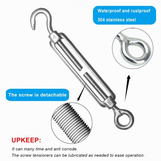 M4/M5/M6 Turnbuckle 304 Stainless Steel Hook & Eye Turnbuckle Light Duty Wire Rope Tension (M4) - Image 3