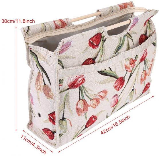 Knitting Bag, Knitting Needle Storage Exquisite Practical Wood Handle Woven Fabric Storage Bag for Knitting Needles Sewing Tools 1pc 16.5X11.8X4.3in(Red Flower) - Image 3