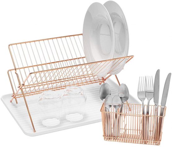 simplywire - Folding Dish Drainer - Plate Drying Rack with Cutlery Holder - Copper - Image 4