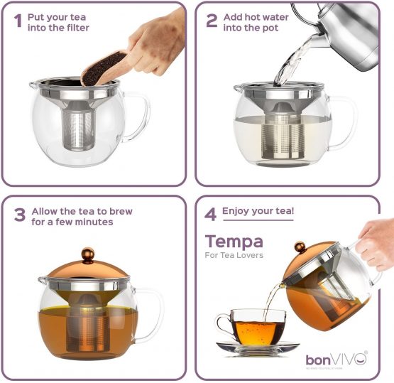 bonVIVO TEMPA Tea Infuser with Removable Stainless Steel Strainer, Tea Maker for Loose Leaf Tea, Heat Resistant Borosilicate Glass Teapot with Lid in Silver Finish, 50 oz. - Image 4