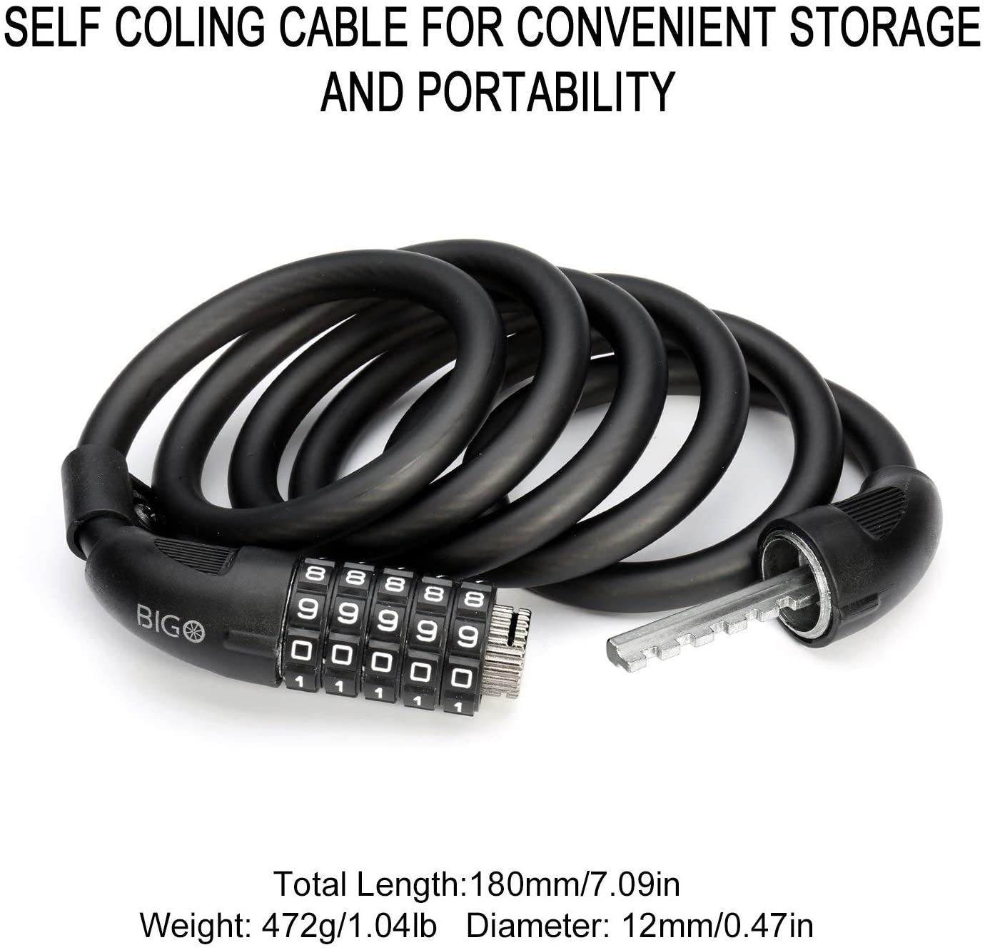 Bike Cable Lock, BIGO 1.8M Security Bike Cable Basic Self Coiling