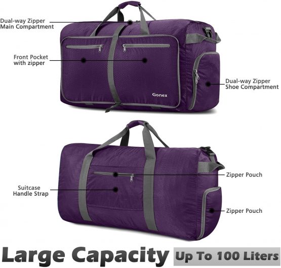 Gonex 100L Travel Duffel Bag Foldable Water Resistant Travel Bag Lightweight Duffel Bag with Big Capacity for Luggage Gym Sports Purple - Image 3