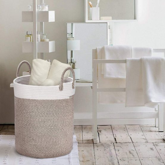 La Jolíe Muse Large Storage Basket - Cotton Rope Laundry Basket with Handle for Diaper Blanket Toy Towel Woven Laundry Basket Home Decor, White & Desert - Image 4