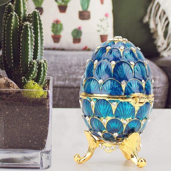 Hand-Painted Mini Faberge Enameled Easter Egg with Rich Enamel and Sparkling Rhinestones Jewelry Trinket Box, 4 Colors(Blue) - Image 2