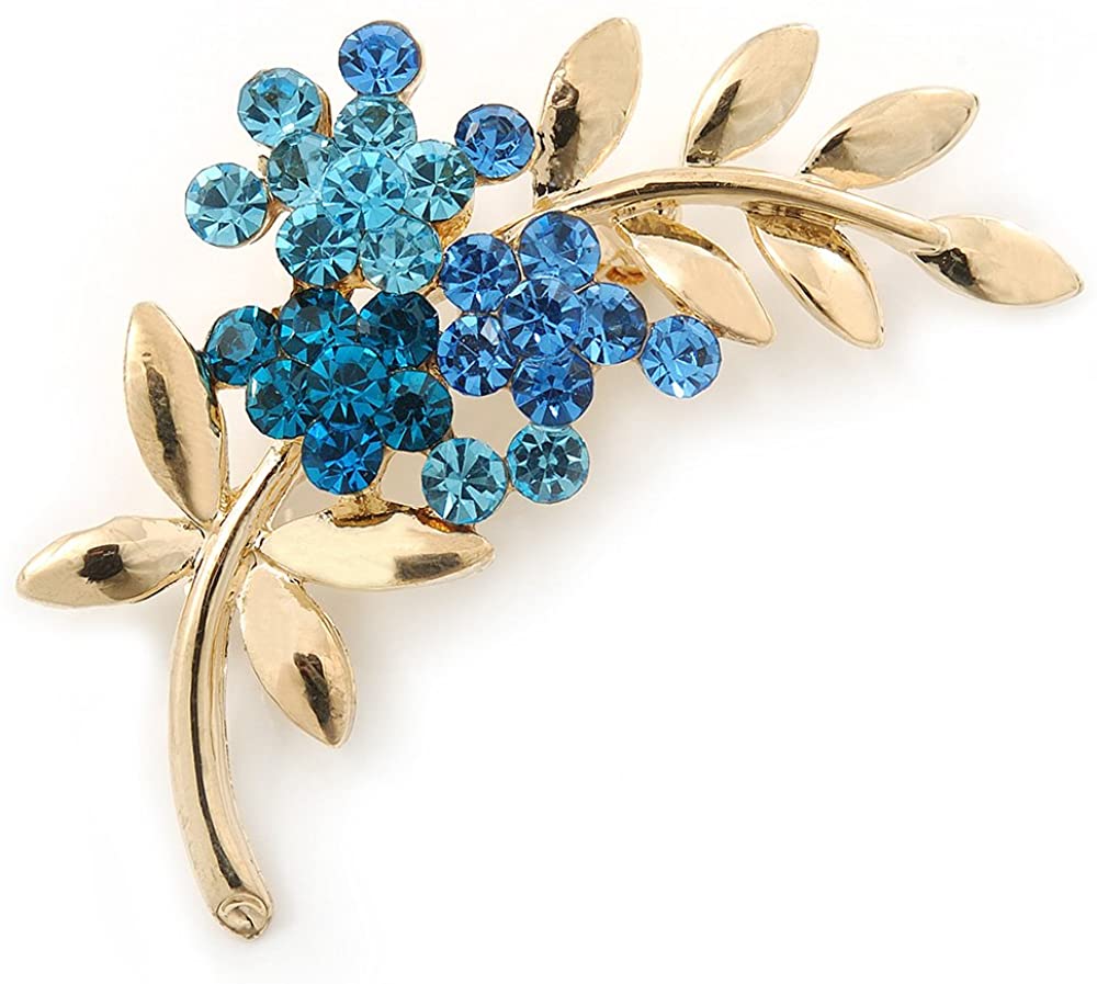 Blue Diamante Floral Brooch In Gold Plating - 50mm Length, gold, blue, light blue