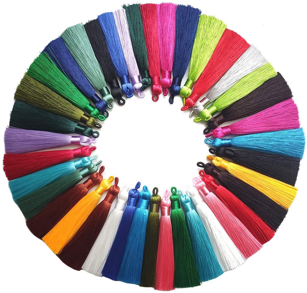Fllumbo 40PCS Long Tassels 90mm Ice Silk Tassels 20 Colors with Loops Silky Floss Tassel Pendants Bulk for Earring Jewelry Making DIY Bookmark Souvenir