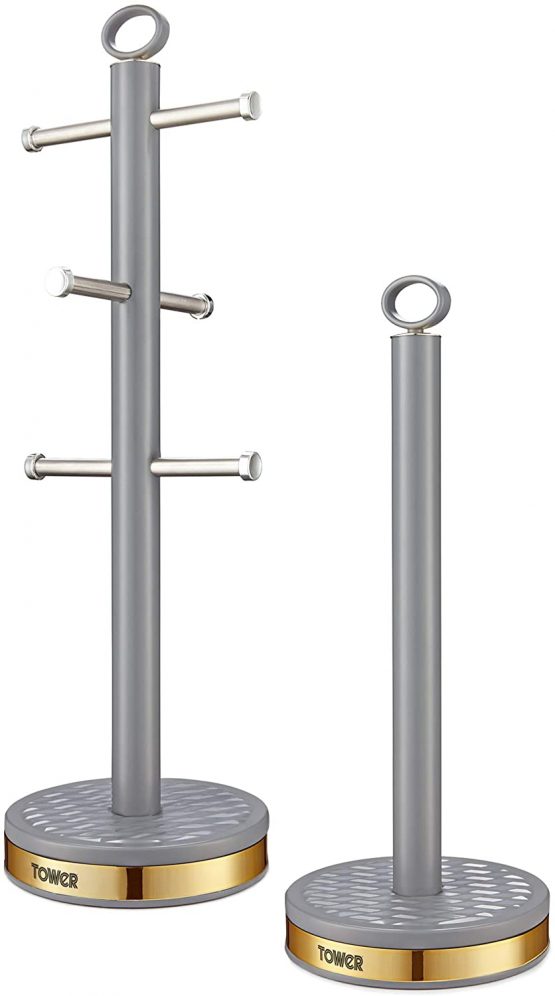 Tower T826092GRY Empire Mug Tree and Towel Pole Set, Stainless Steel, Anti-Slip, Grey and Brass