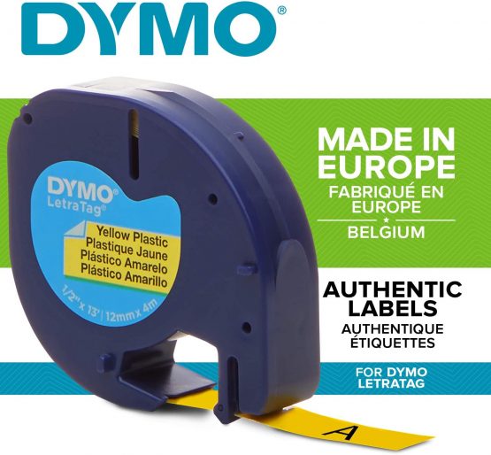 DYMO LetraTag Plastic Labels | Authentic | 12 mm x 4 m Roll | Black Print on Yellow Labels | Self-Adhesive Multipurpose Labels for LetraTag Label Makers