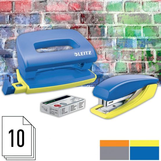 Leitz Mini Stapler & Hole Punch Set, Staple or Punch up to 10 sheets, Includes Staples, Urban Chic Range, Blue, 55996032