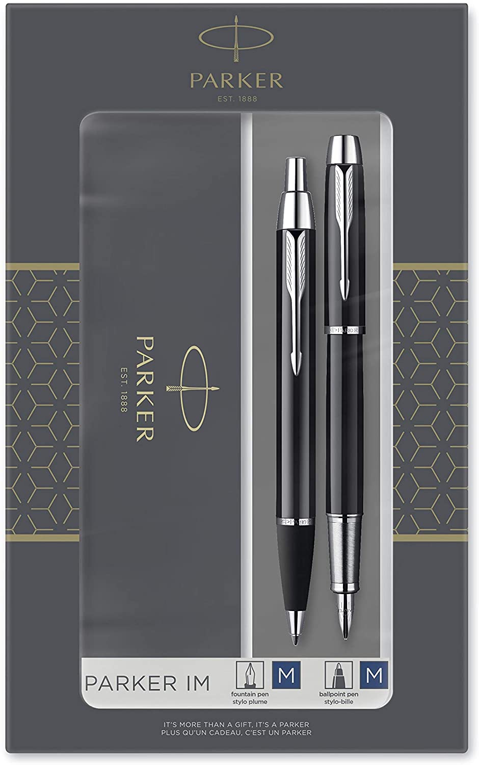 Parker IM Duo Gift Set including Ballpoint Pen & Fountain Pen, Black Lacquer Chrome Trim