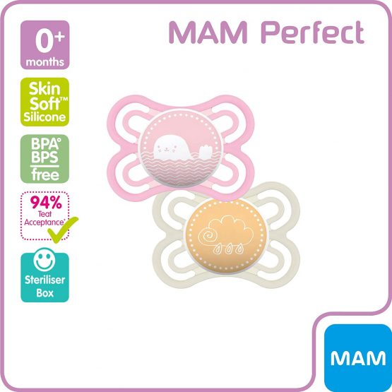 MAM Perfect Soothers 0+ Months (Pack of 2), Thinner and Softer Baby Soothers with Self Sterilising Travel Case, Newborn Essentials, Pink (Designs May Vary) - Image 2