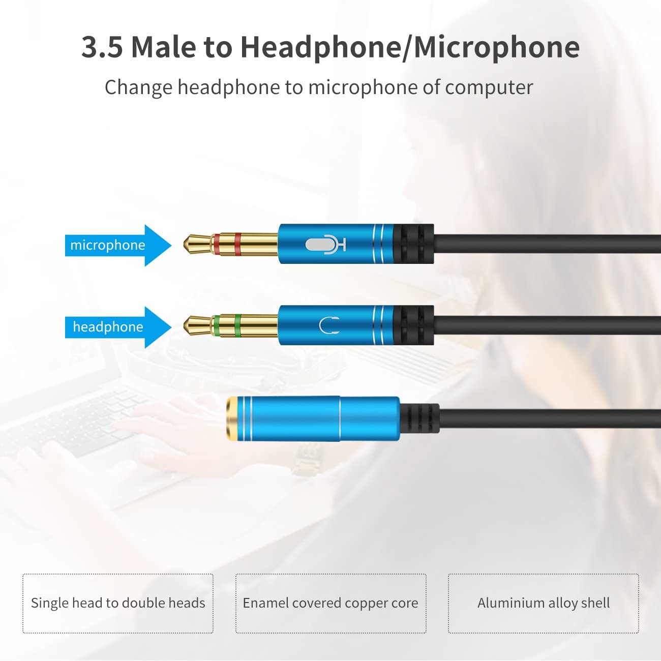 DnGeky Headphone Splitter For Computer 3.5mm Female to 2 Dual 3.5mm Male Headphone Mic Audio Y Splitter Cable Smartphone Headset to PC Adapter (Blue) - Image 4
