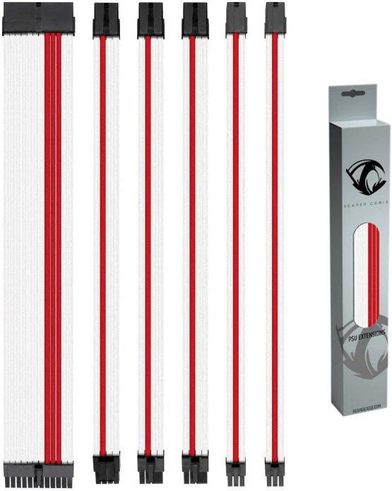 Reaper Cable Sleeved PSU Extension Set - Power Supply Extensions - 1x 24 Pin/ 2x 8 Pin/ 2x 6 Pin/ 1x 4+4 Pin - With Combs - 30cm (White & Red)