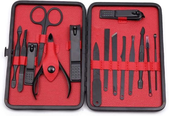 TOPWAY Nail Clippers Manicure Pedicure Professional Grooming Kit for Agnail, Cuticle, Callus, Dead Skin, Blackhead, Acne, Ingrown Hair, Ear, Eyebrow Care Travel Set 15pcs Red + Alcohol Pads + Case