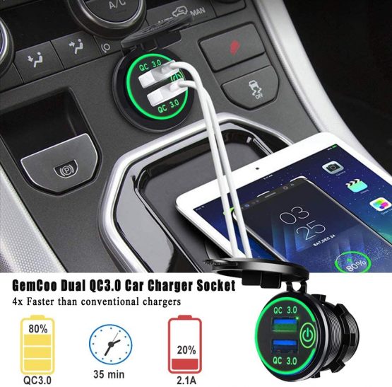 Quick Charge 3.0 USB Car Charger Socket 12V/24V 36W Dual QC3.0 USB Fast Charger Socket Power Outlet with Touch Switch for Marine, Boat, Motorcycle, Truck, Golf Cart (Green) - Image 3