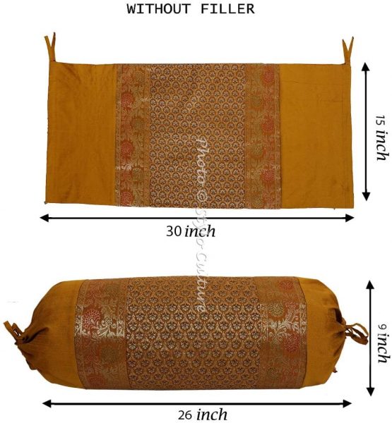 Stylo Culture Indian Polydupion Cylindrical Hotdog Decorative Bolster Pillow Covers Gold Jacquard Brocade Border Floral Large Settee Cylinder Cushion Covers (Set of 2) | 30x15 Inches (76x38 cm) - Image 4