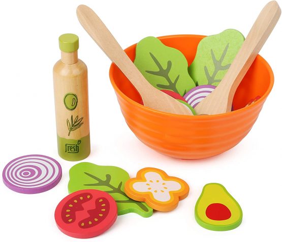 Small Foot 11476 Wooden Set, Children's Vegetarian Play Kitchen Accessory, incl. Bowl, Salad Utensils and Dressing Toys, Multicolored