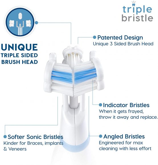 Triple Bristle Best Sonic Rechargeable Electric Toothbrush (3 Brush Head Design) Perfect Angle Bristles Clean Each Tooth 31,000 VPM - Image 4