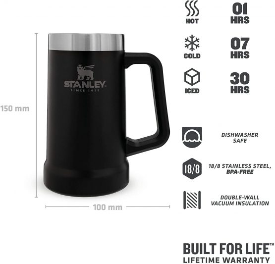 Stanley Adventure Vacuum Keeps Cold for 7 Hours-Stainless Steel Beer Stein with Handle, Matte Black, 0.7L - Image 3