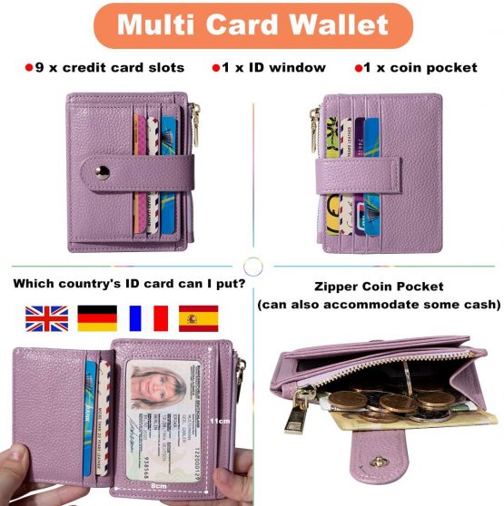 BTNEEU Men Women Leather Credit Card Holder RFID Blocking Slim Leather Wallet, Minimalist Card Holder Small Wallet with Coin Pocket, Thin Front Pocket Wallets with 9 Card Slots (Purple) - Image 4