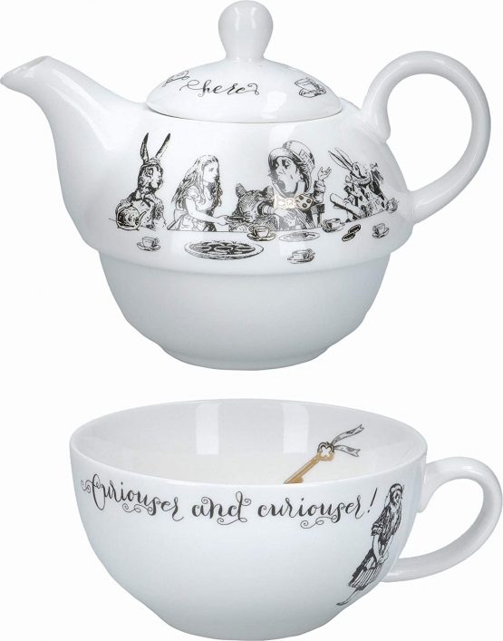 V&A Alice in Wonderland Tea for One Teapot and Cup Set in Gift Box, Fine China, White, 250 ml